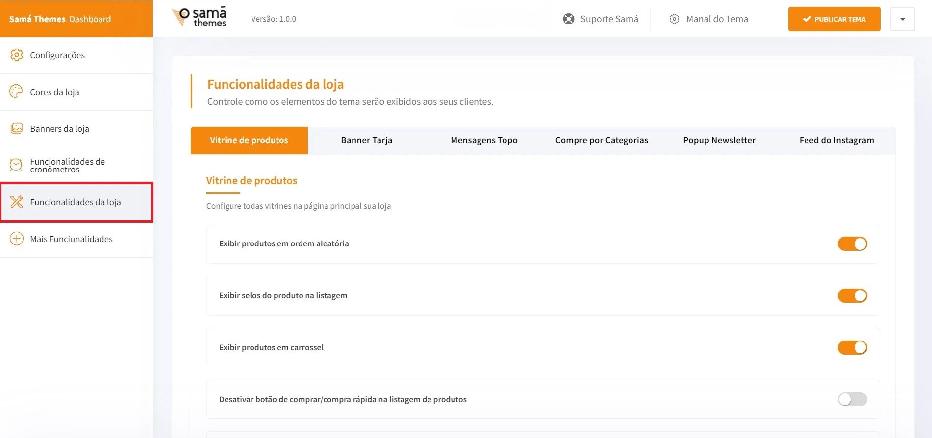 Funcionalidades da loja